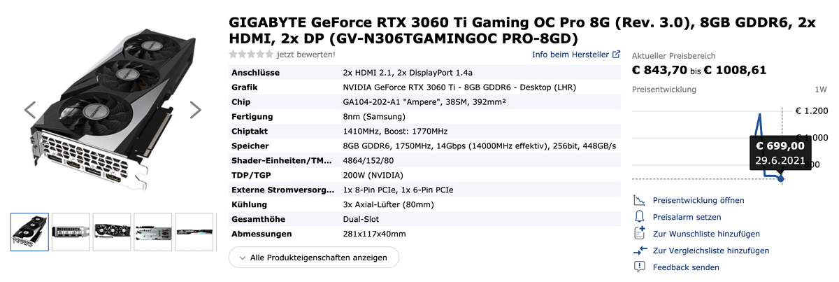 Динамика цен RTX 3060 TI за рубежом,  за несколько дней видеокарта потеряла в цене около 470 евро, что примерно равно 40 тысячам рублей.