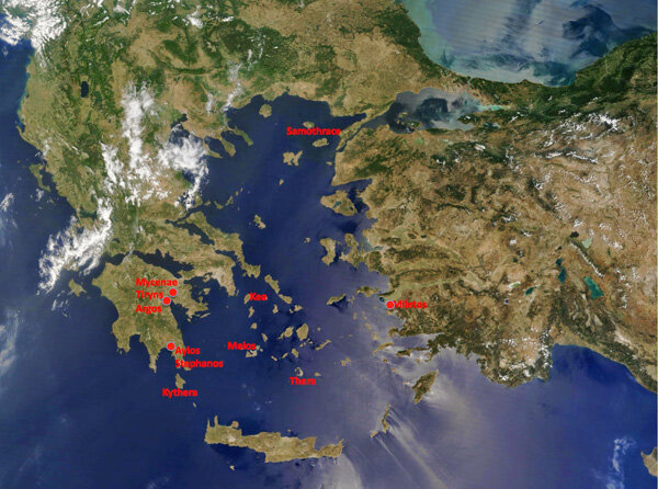 Карта распространения с острова Крит линейного письма А