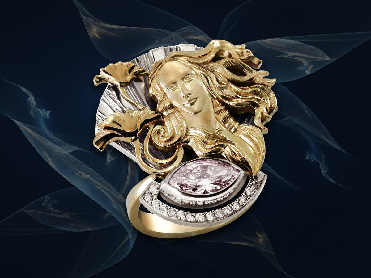 Кольцо Венера. Коллекция Космогония. Золото, розовый бриллиант 1 ct, 15 бриллиантов 0,13 ct. Арт-студия Ювелир