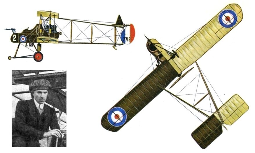 Первый британский «истребитель» - тяжелый двухместный RAF F.E.2,  и его создатель Джэффри де Хевилленд