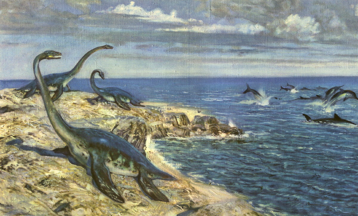 Плезиозавры жили 65-80 миллионов лет назад.
Источник: http://plesiosauria.com/images/life_restorations/hydrorion_brachypterygius_burian.jpg