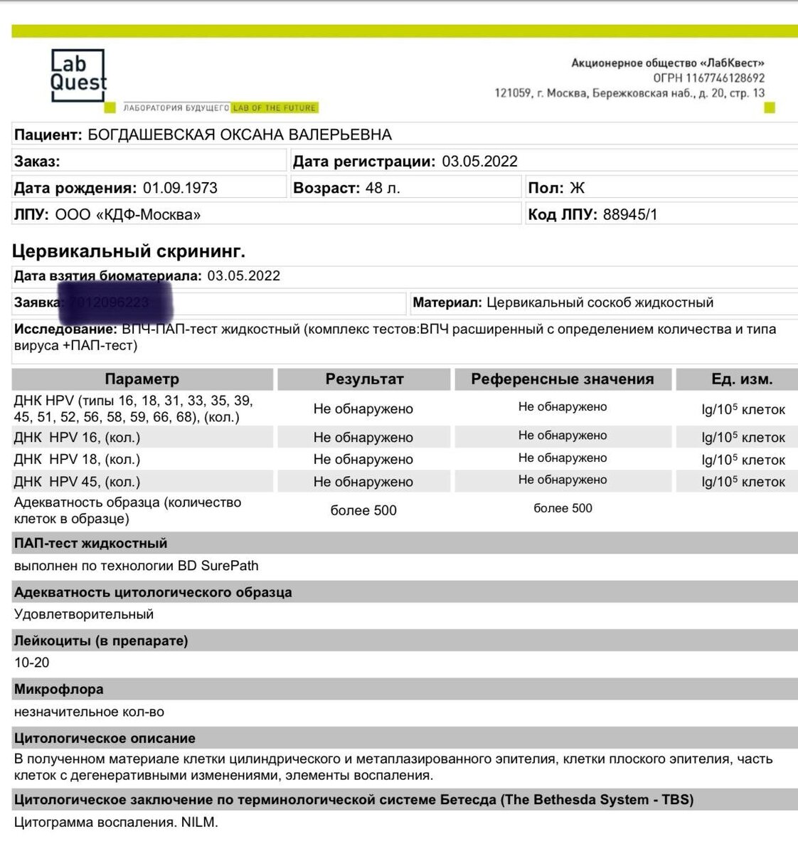 Это результат ко-тестирования, который взял врач в клинике