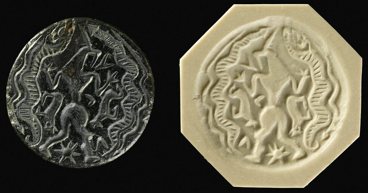 Печать из Луристана (Западный Иран) IV тыс. до н.э. Змеи здесь составляют известный сюжет "Хозяин зверей". Фото википедия.