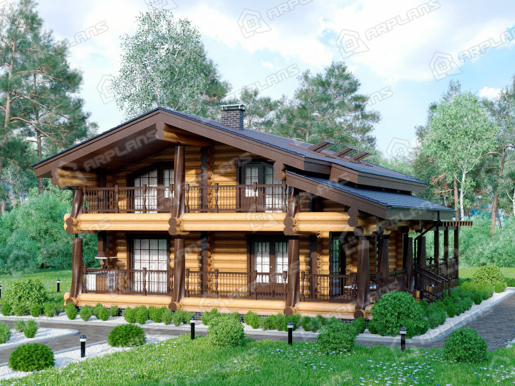 Фото 2 деревянного двухэтажного дома из бревна с мансардой, 3 спальнями, сауной, балконом и террасой. Полезная площадь 139 кв м. Источник arplans.ru Проект ДО-133