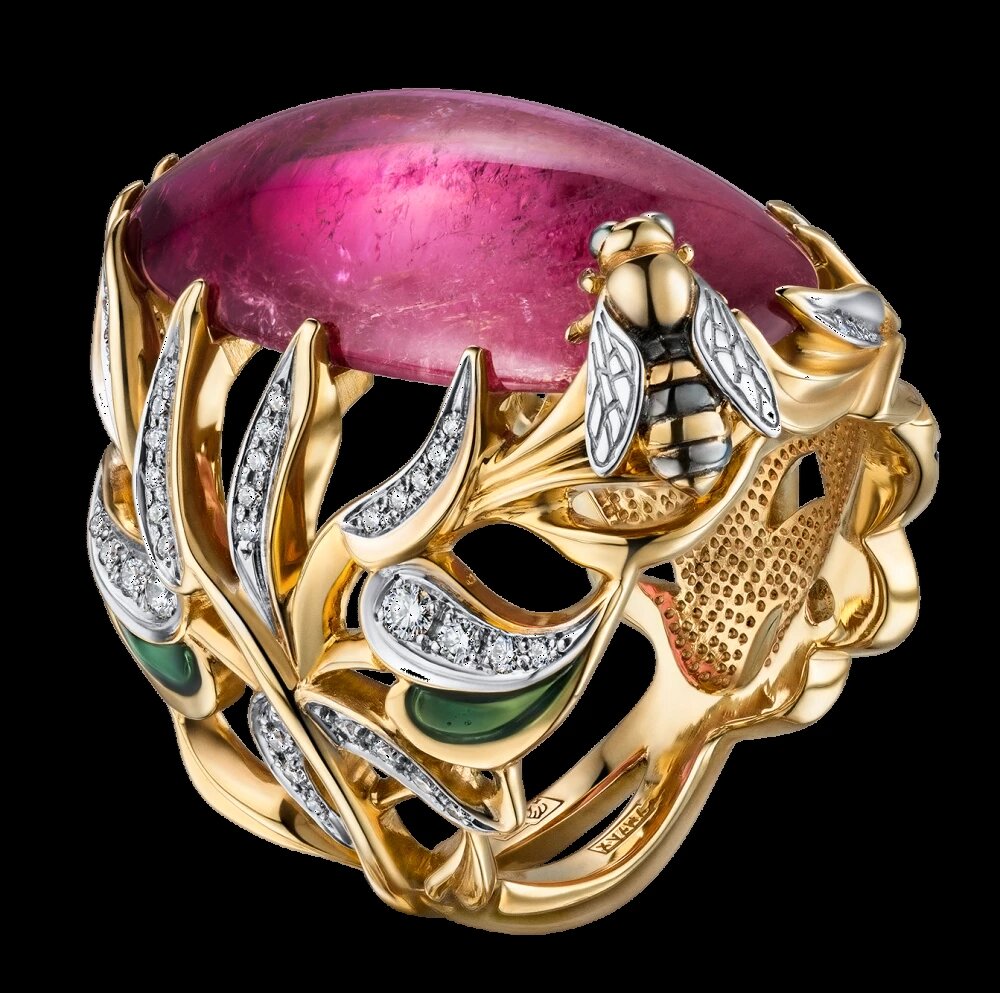 Кольцо "Розовый мед", золото 585 пробы, турмалин, бриллианты, горячая эмаль, ручная работа, единственный экземпляр, стоимость по запросу