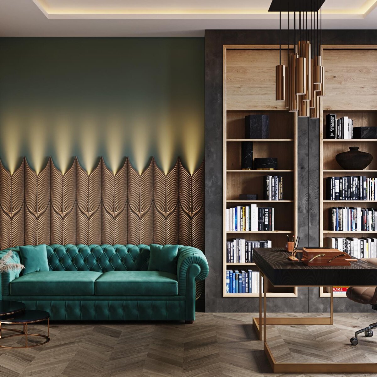 Кабинет из проекта Дом Онегин Парк. Бархатные насыщенные оттенки изумрудного и необычные декор