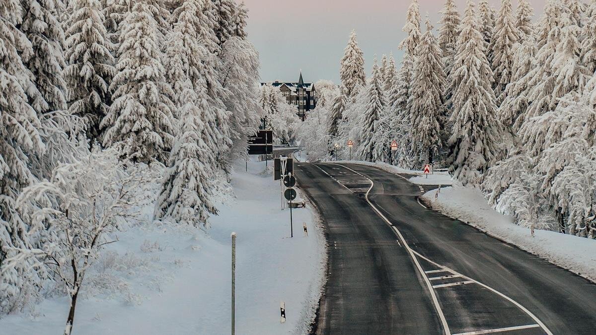    Пустая дорога, заснеженные деревья:pexels.com