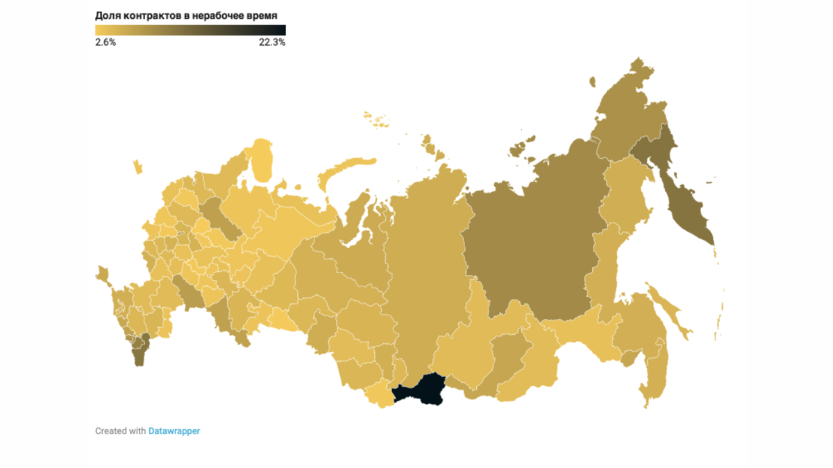 Доля контрактов в нерабочее время на карте России
