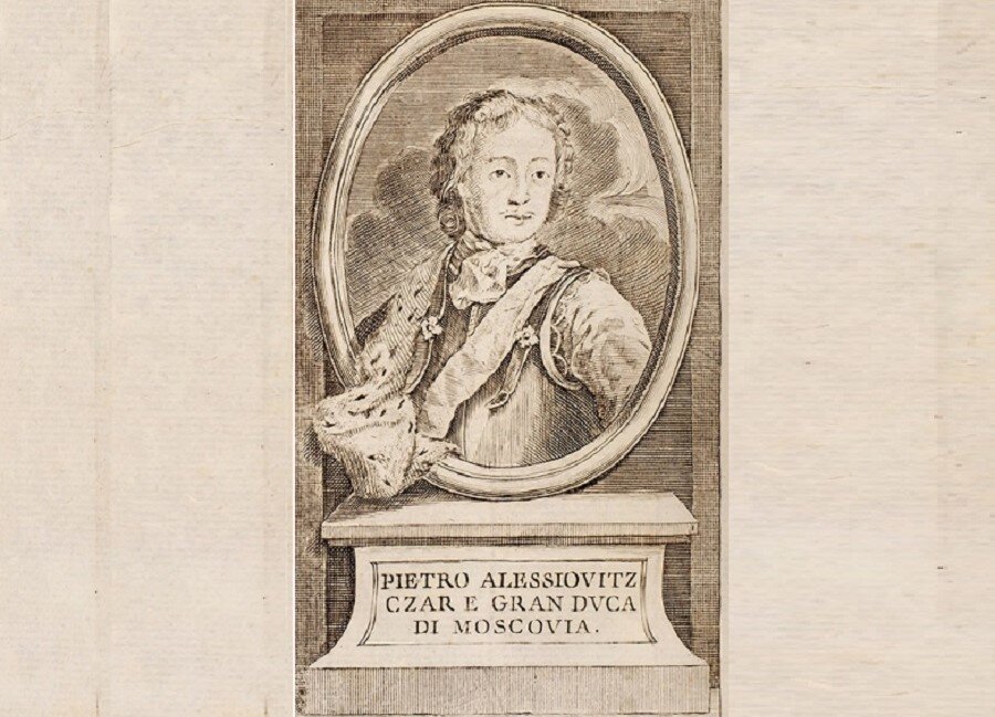 Авантитул книги Антонио Катифоро. Подпись в переводе гласит: «Петр Алексеевич Царь и Великий Герцог Московии». Фоторепродукция из открытых источников.