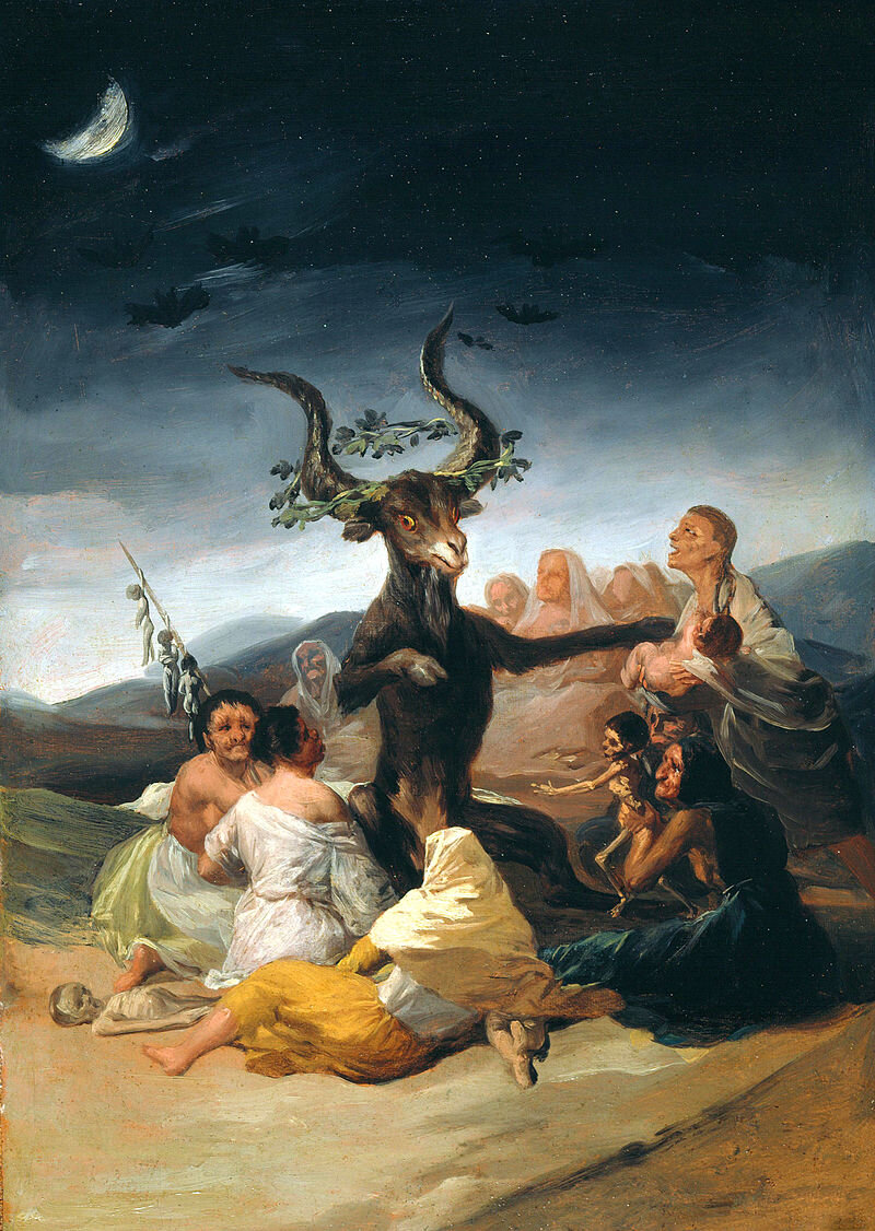 Ф. Гойя. «Шабаш ведьм» (1798). Снимок росписи в «Доме Глухого» (1874). Авторство: Франсиско Гойя. Mirar abajo., Общественное достояние, https://commons.wikimedia.org/w/index.php?curid=18394011