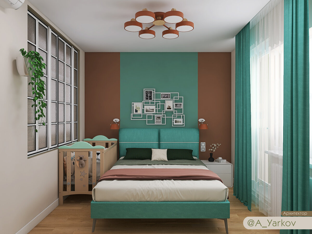 уютная спальня с детской кроваткой