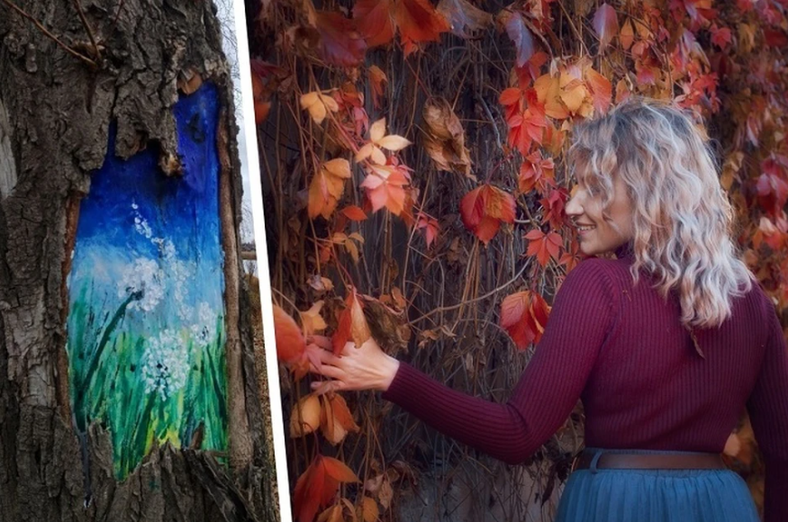 Алиса Любимова из Невьянска начала создавать свою страну чудес. Делает она это необычным образом: рисует картины прямо на стволах деревьев.