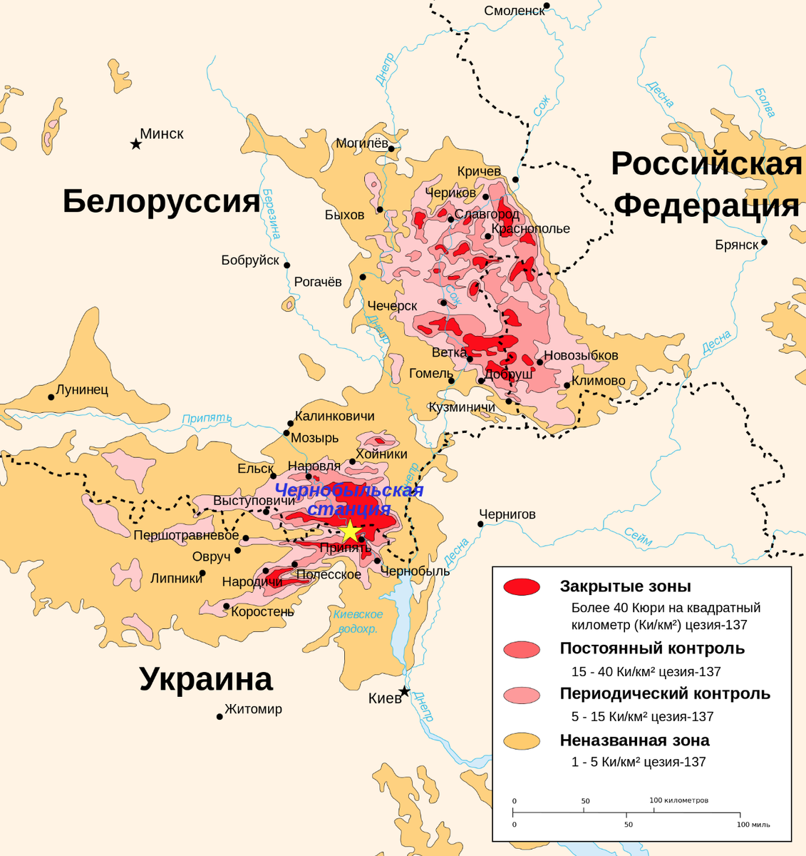 Карта загрязнения от чернобыльской аварии