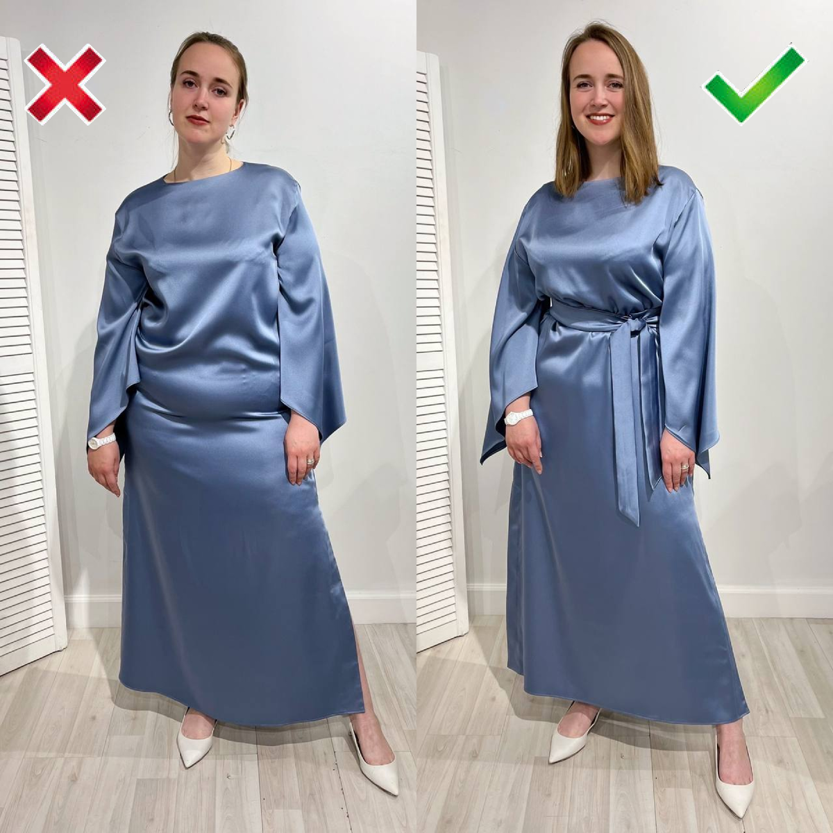 Пример некорректного и верного подбора фасонов платья на примере. бренда ODEVAIWEAR