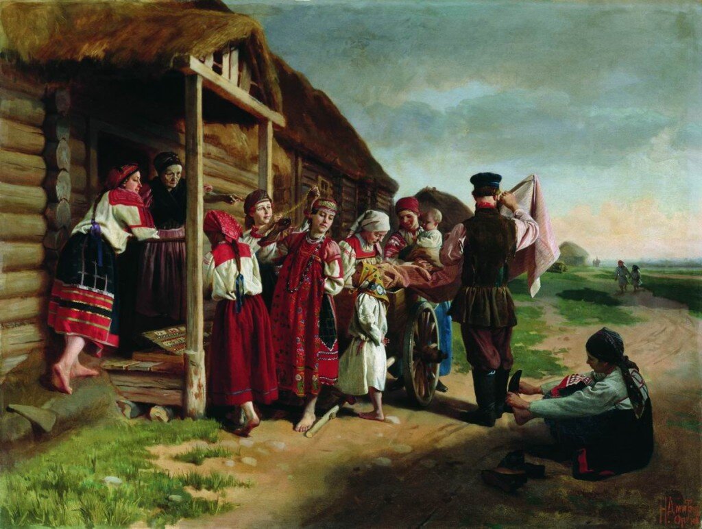 Николай Дмитриев-Оренбургский "Воскресенье в деревне". Тот самый знаменитый коробейник привез свой товар в деревню.