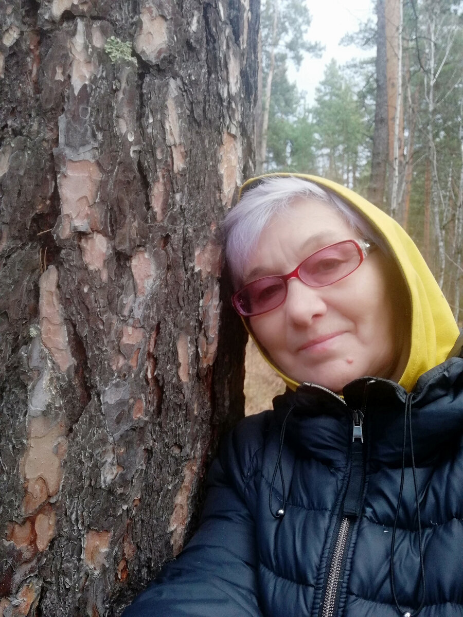 Не смогла обнять сосну, пришлось прислониться к ней. Она огромная, ей лет 100.