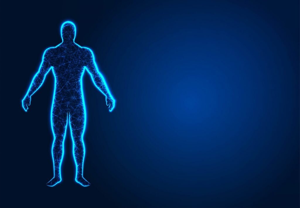    human body in virtual reality. Medical blue print scanned 3D model, Abstract Low poly Designs, from line and dot wireframe, Vector Illustration Александр Шереметьев