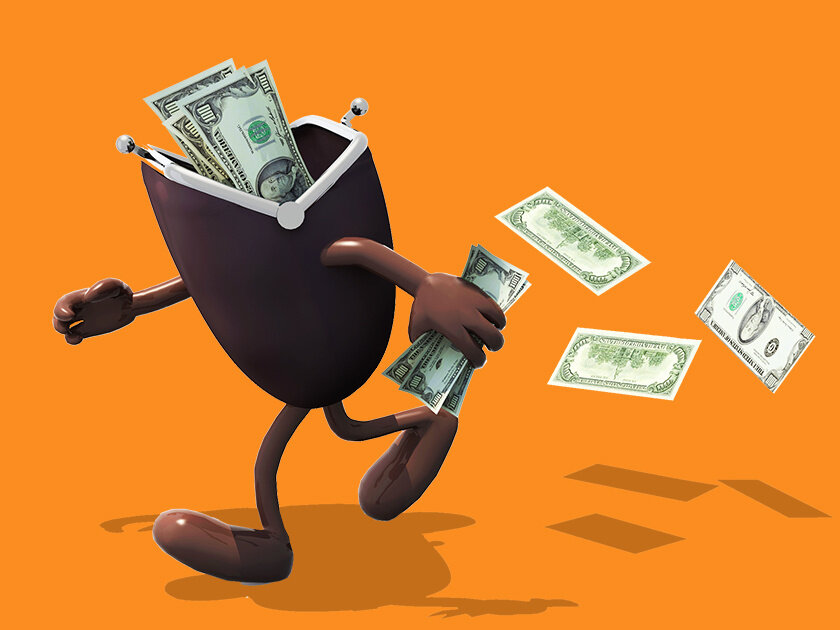    some dollar banknotes inside wallet with arms and legs go away, 3d illustration pipiya