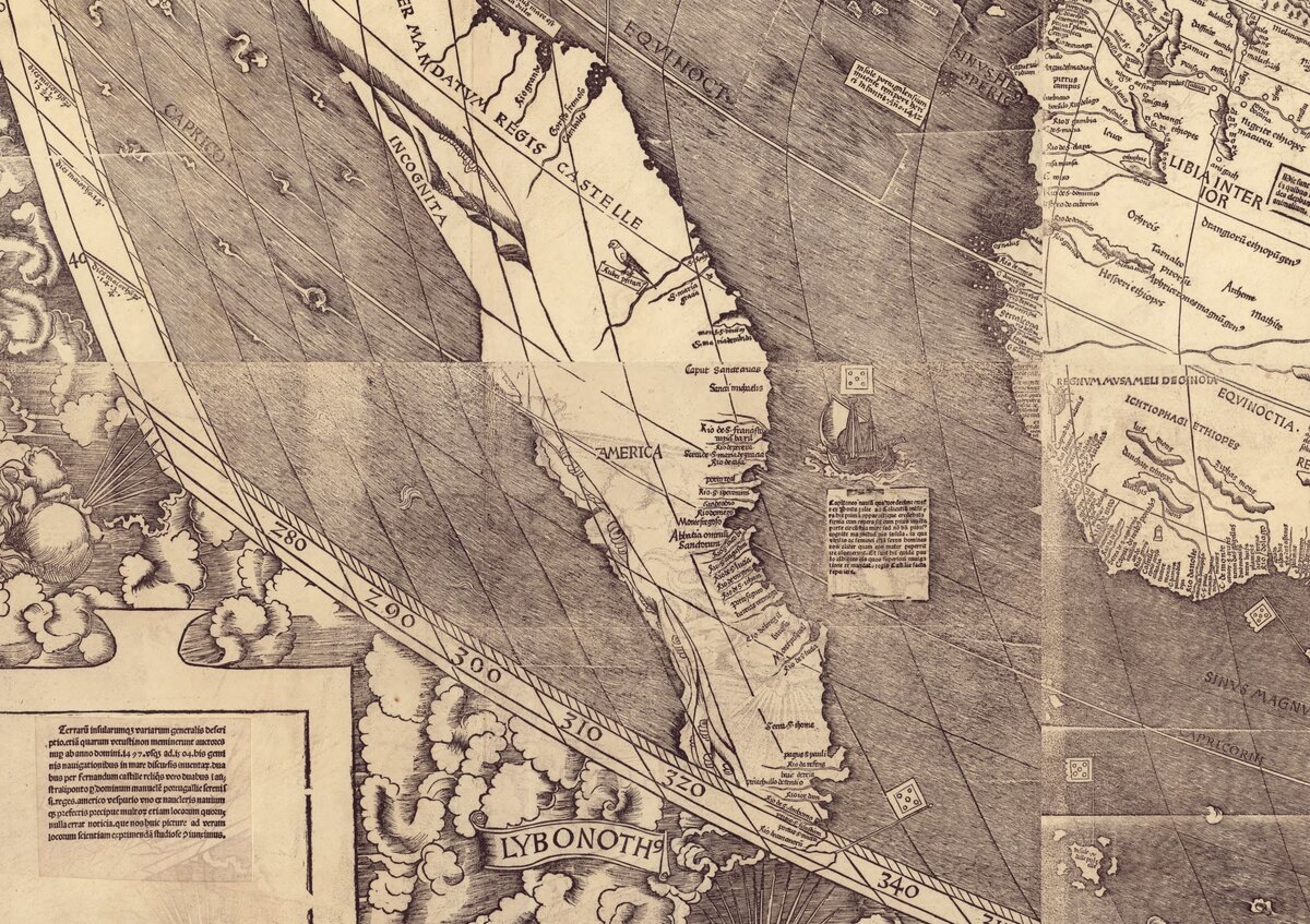 Фрагмент карты мира М.Вальдземюллера, 1507 год. В центре название "Америка" над южноамериканским континентом. Источник: Library of Congress, Geography and Map Division.