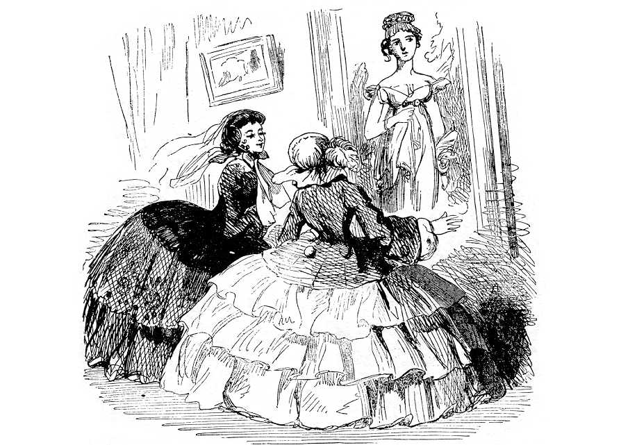 Кринолин и Турнюр. Дамы в кринолинах. Викторианская карикатура. Женщина в кринолине.
