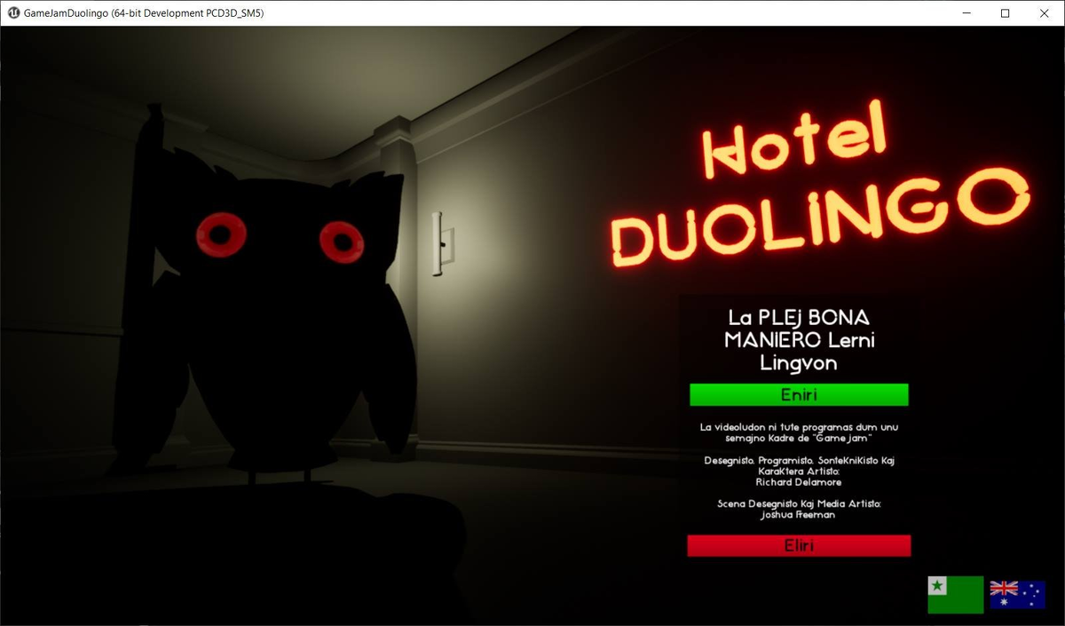 Инди-игра «Отель Дуолинго», по сюжету которой надо убежать от гигантской совы, чтобы учить эсперанто на мобильном телефоне...