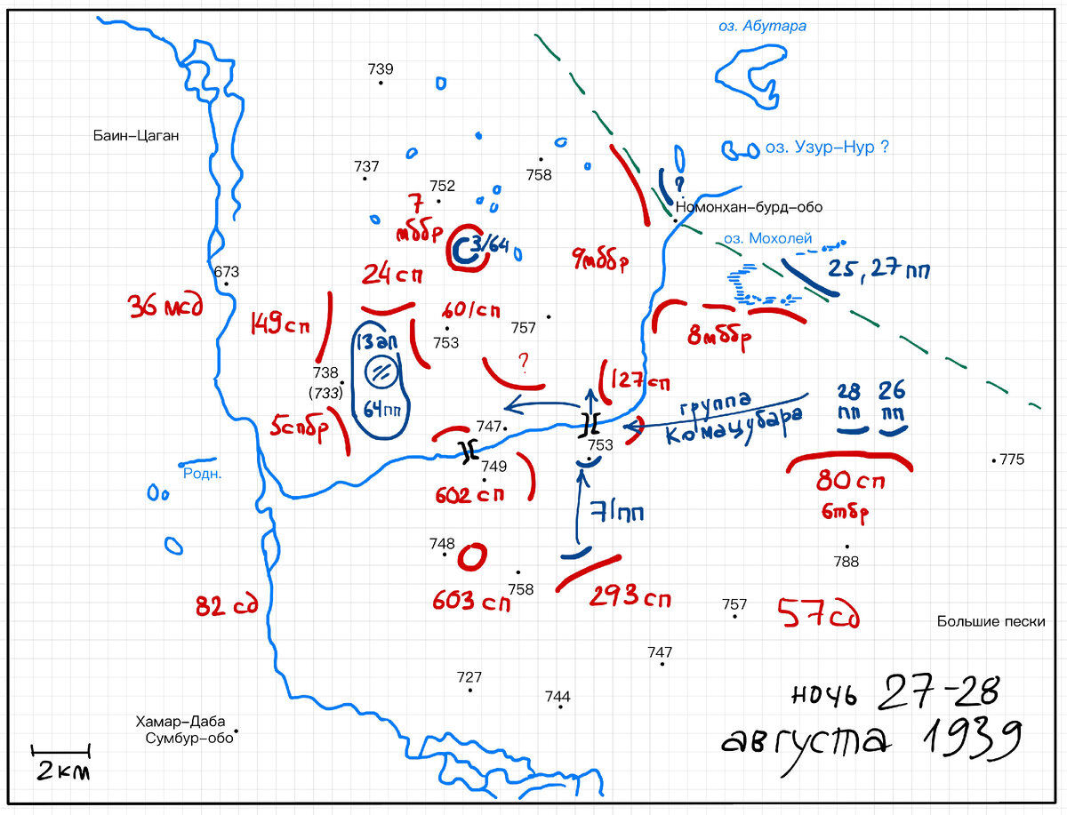 Схема событий ночью с 27 на 28 августа 1939. Положение войск показано приблизительно, и может содержать значительные неточности. Не показан происходивший в ту же ночь выход из окружения группы Хасебе и остатков двух японских артполков. 