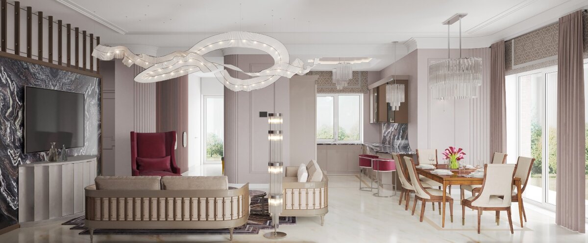 Общий вид кухни-столовой гостиной в нашем проекте