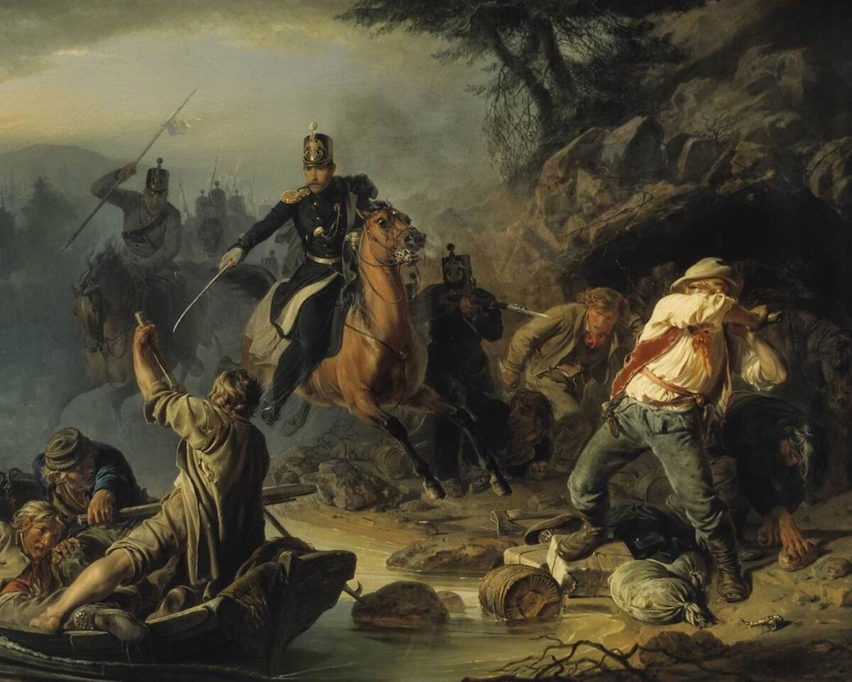 Стычка с финляндскими контрабандистами, 1853 г. В. Г. Худяков. Источник: Государственная Третьяковская галерея
