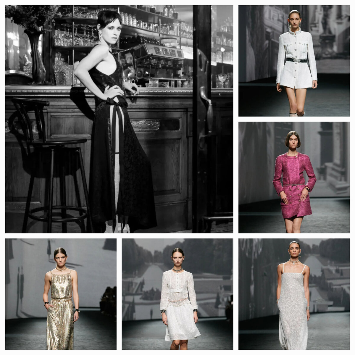 Коллаж из образов ( силуэтов) коллекции Chanel Prêt-à-Porter Spring-Summer 2023 и промо с вдохновительницей коллекции актрисой Кристен Стюарт. Фото: Chanel. Материал из сети.