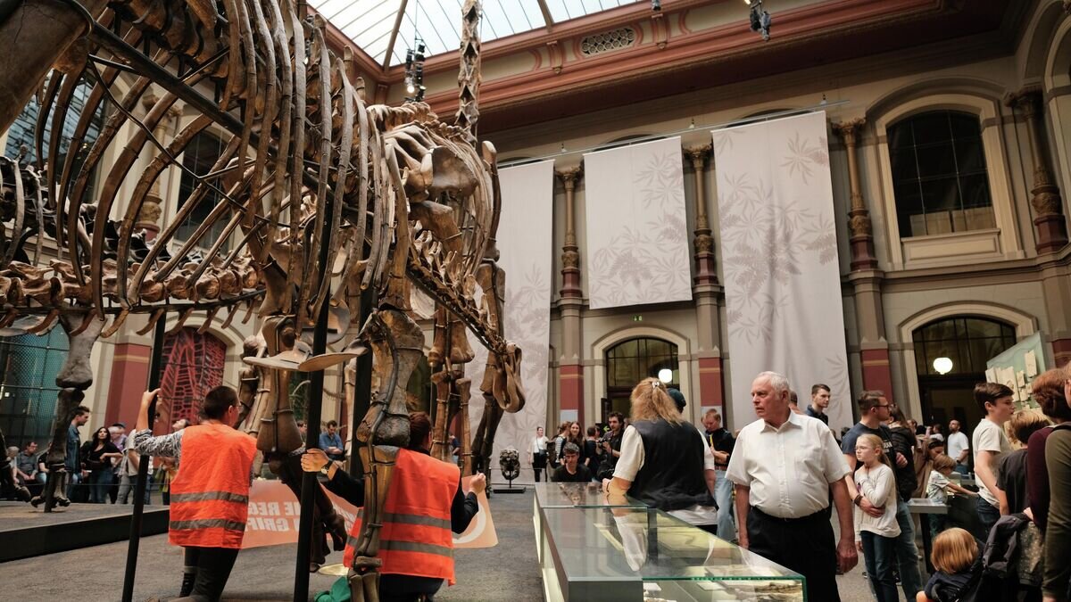    Эко-активисты приклеили себя к скелету динозавра в Берлине© Фото : Tenzin Heatherbell/Letzte Generation