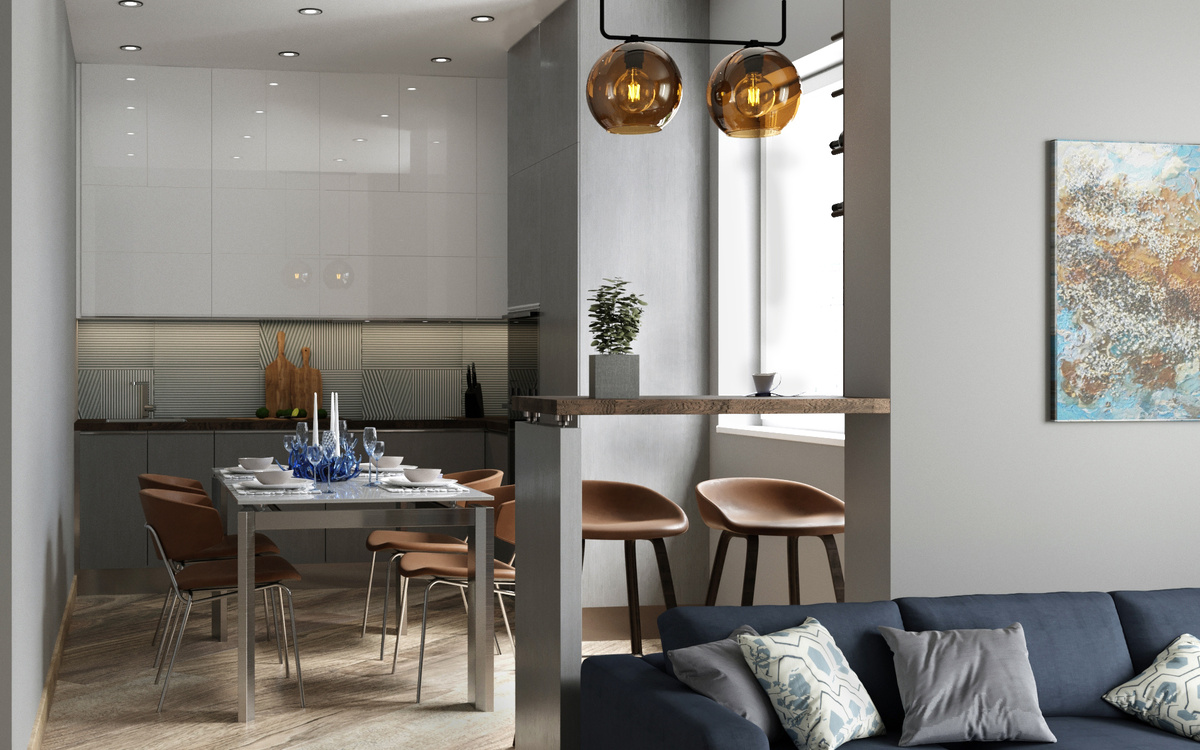 Проект кухни, совмещенной с гостиной.