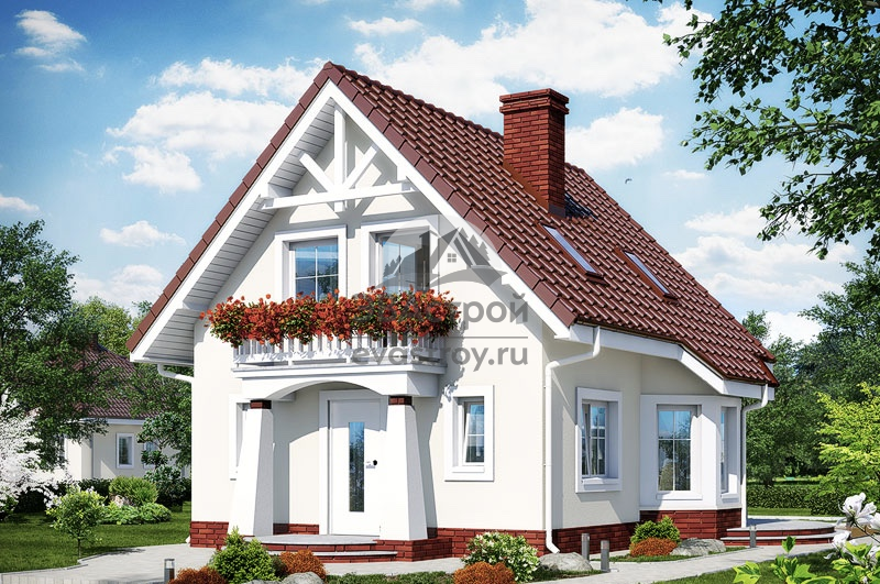 Проект квадратного дома 87 м2 из керамоблоков с мансардой, эркером, балконом и террасой - LG-30