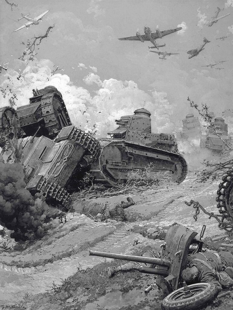 © Fortunino Matania / Фортунино Матания  WW2 / Армейские танки в бою с самолетами над головой, Вторая мировая война