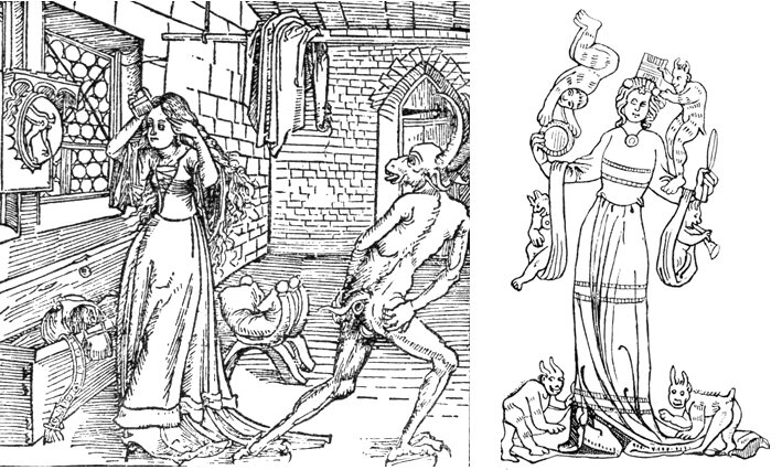 Средневековые карикатуры на модниц, искушаемых дьяволом.