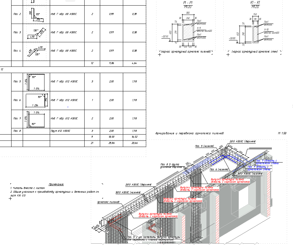 Фрагмент чертежа из рабочего проекта. Схема армирования ригелей пилонов. Ведомость арматурных изделий.