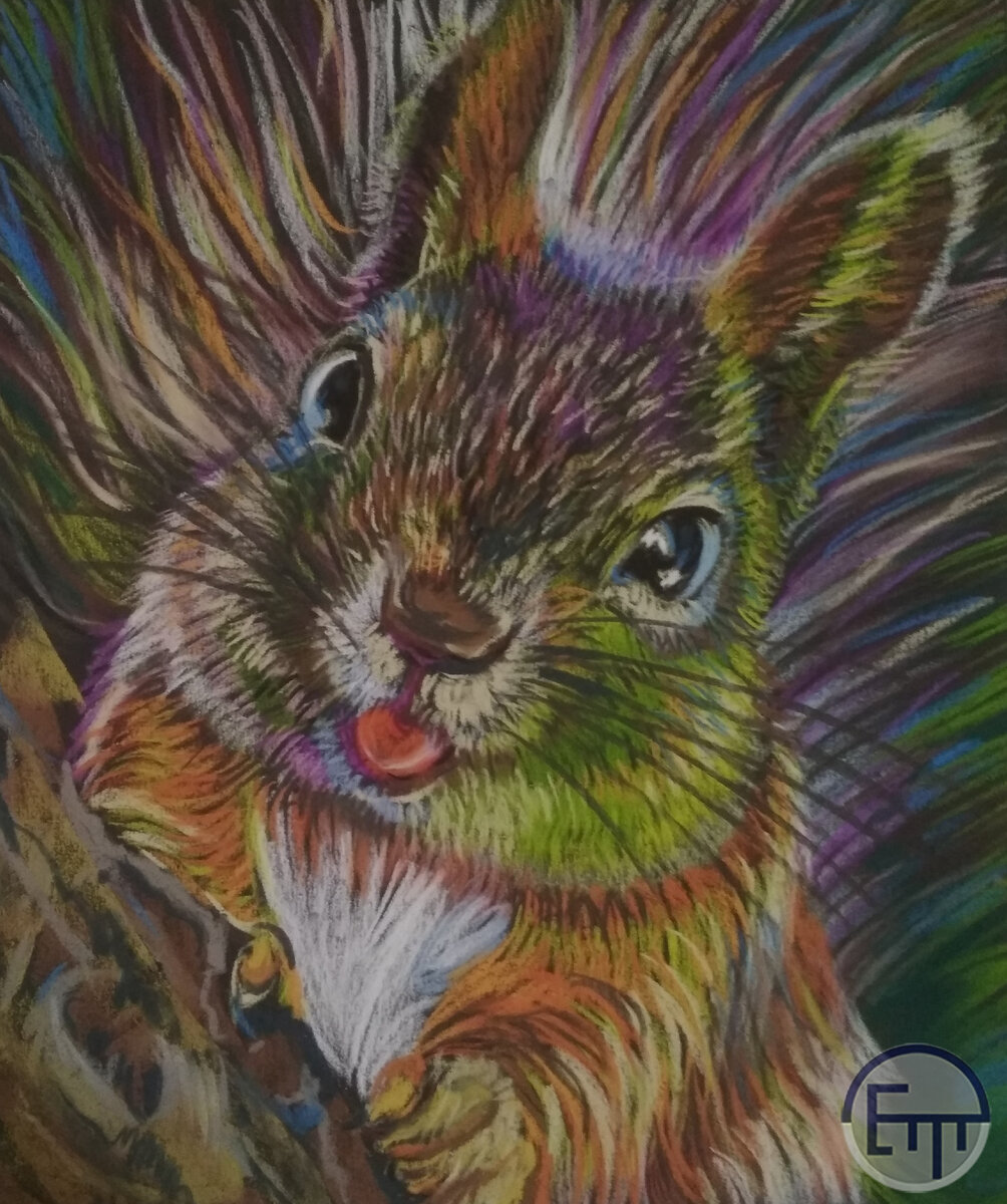 Художник: Елена Тюрина. Белка. Сухая пастель на наждачной бумаге. 2020 г. Размер: 28х23 см.