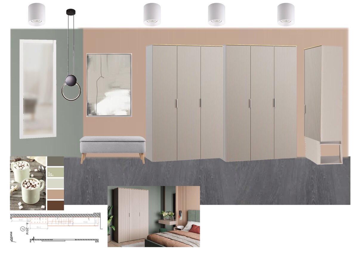 Прихожая разделяется цветом стен, хранение предусмотрено во вместительных шкафах, место для лотков домашних любимцев