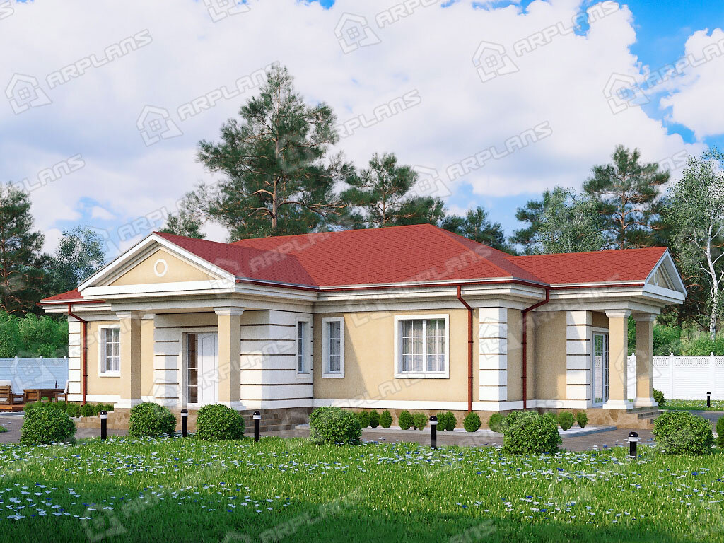 Фото 1 одноэтажного дома из газобетона с 2 спальнями и котельной. Общая площадь до 116 кв м. Источник arplans.ru Проект К-208