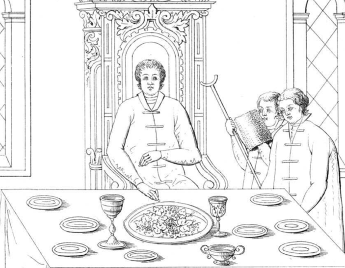 Фрагмент-прорись изображении пира в Грановитой палате из «Книги о избрании на превысочайший престол великого государя царя Михаила Федоровича» (Москва, 1672 год). Борис Михайлович Салтыков (крайний справа) смотрит за царским кушаньем