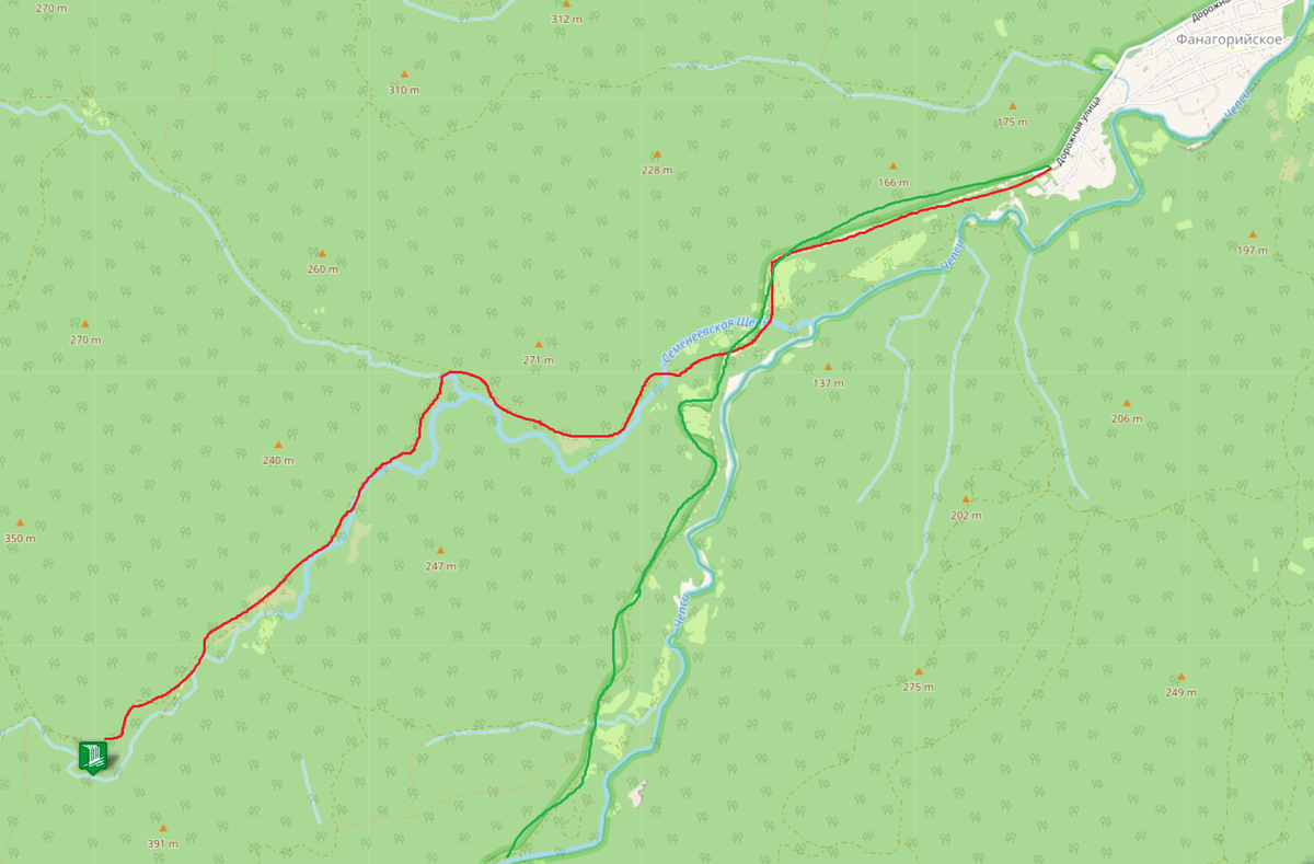 Красным указана дорога от села Фанагорийского до Аюкинских водопадов. Зелёным - дорога в Поднавислу.