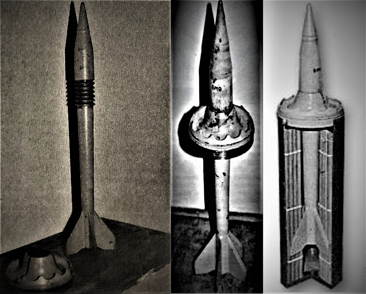 Слева направо: снаряд со снятым ведущим кольцом; снаряд с закрепленным ведущим кольцом ; снаряд в сборе с дополнительным зарядом.