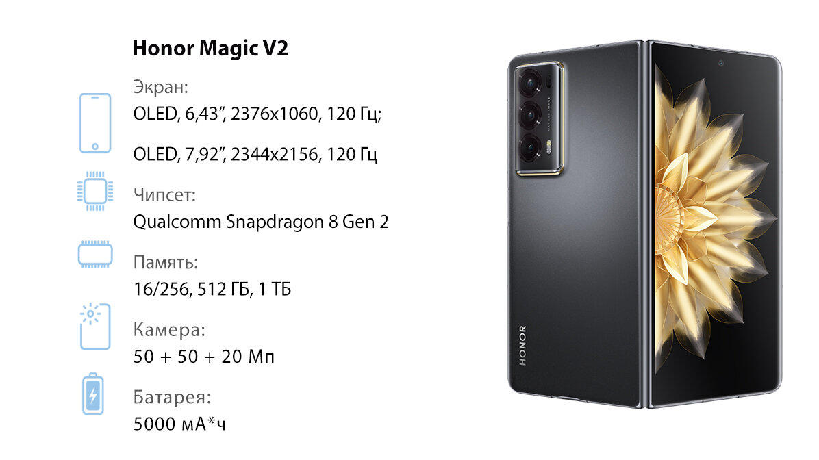    Особенности: складной форм-фактор, дисплей 120 Гц, боковой сканер отпечатков, камера 50 Мп, телекамера с зумом 3x, зарядка 66 Вт, стереодинамики, NFC