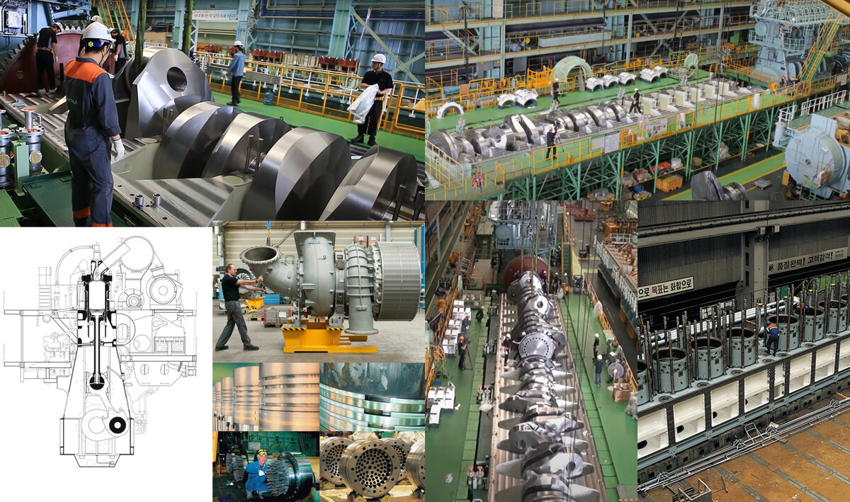 Сложно представить, как обслуживают и ремонтируют такой ДВС. Но тут есть доступ внутрь картера, а также к ключевым узлам для замены уплотнений и иных изнашивающихся деталей. Основные крепления в ДВС снабжены гидравлическими домкратами, так что можно приподнимать тяжёлые элементы конструкции.