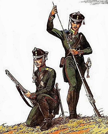 Рядовой и унтер-офицер 20-го егерского полка, 1812 год. Реконструкция Олег Пархаева. У егерей некрасовского полка форма была та же, только на погонах - цифра 28.