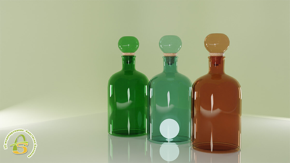 3D макет стеклянных бутылей со светящимся шариком внутри центральной бутыли и пробковыми крышками.🍶 
3D модели сделаны в программе 3D Blender.
Дата создания: июль 2022 года
Автор: Анастасия Белякова