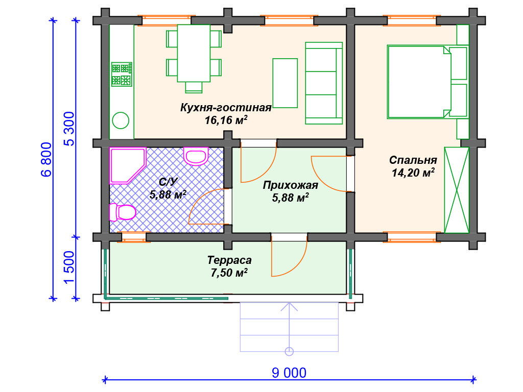 Одноэтажный деревянный дом 50м2. | Arplans.ru - проекты домов | Дзен