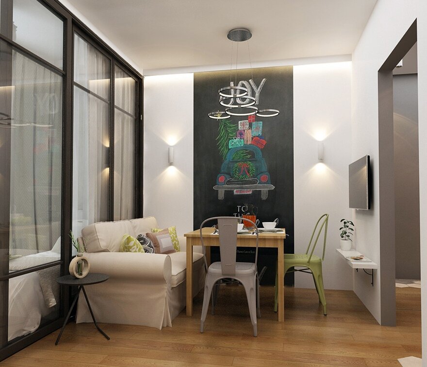 Просто, но со вкусом. Прямоугольная сканди-студия с интересными решениями