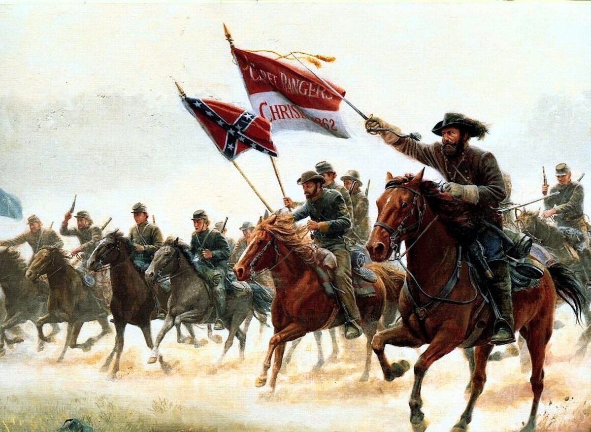 Кавалерия конфедератов в Битве при станции Тревильян, июнь 1864 года. Art by Mort Künstler.