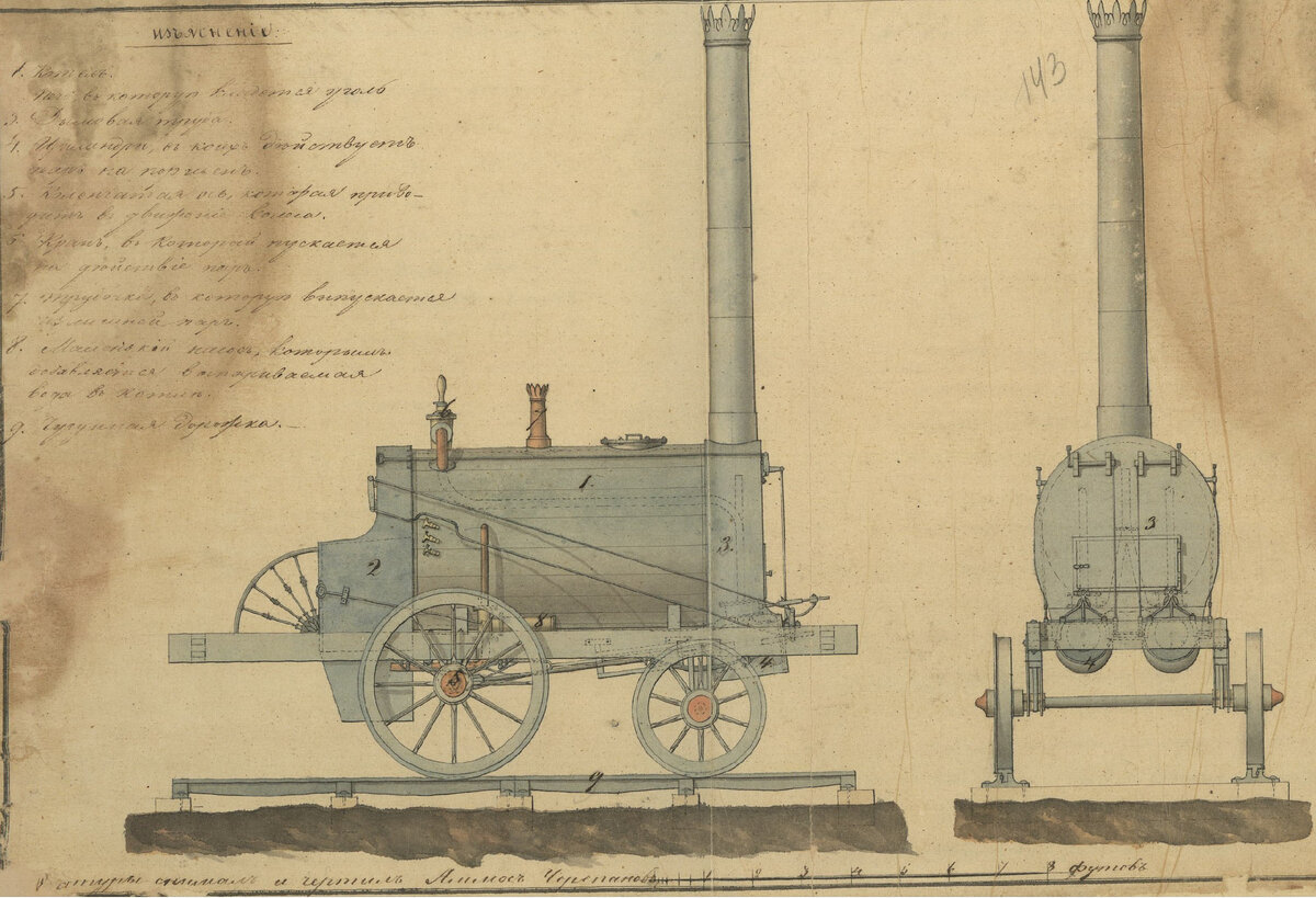 © public domain (Чертеж первого паровоза Черепановых, 1834 г.)