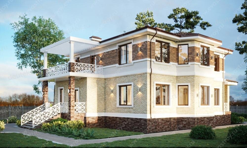 Проект двухэтажного дома 293 м2 из газобетона с гаражом, кабинетом, балконом и террасой - KVR-140